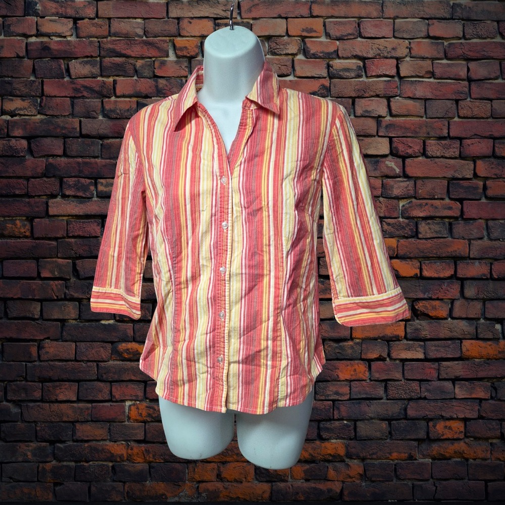 OCI‎ Striped Button Up Shirt Women's Medium 3/4 Sleeve Stretch Top